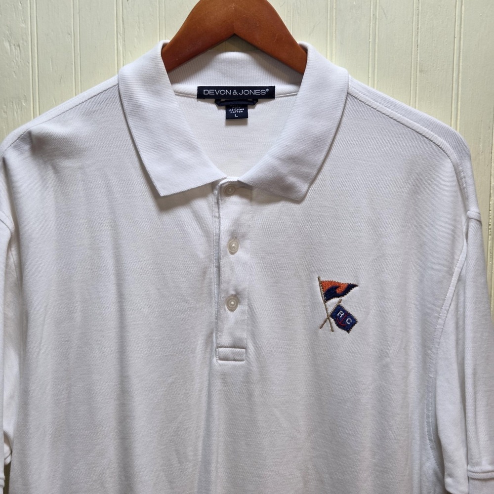 Devon & Jones Polo Shirt Mens Large White Pima Cotton Nautical RC Flag